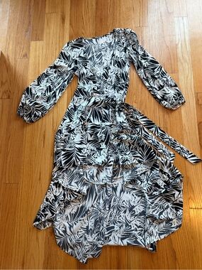 High-Low Wrap Dress in Black & White Leaf Print